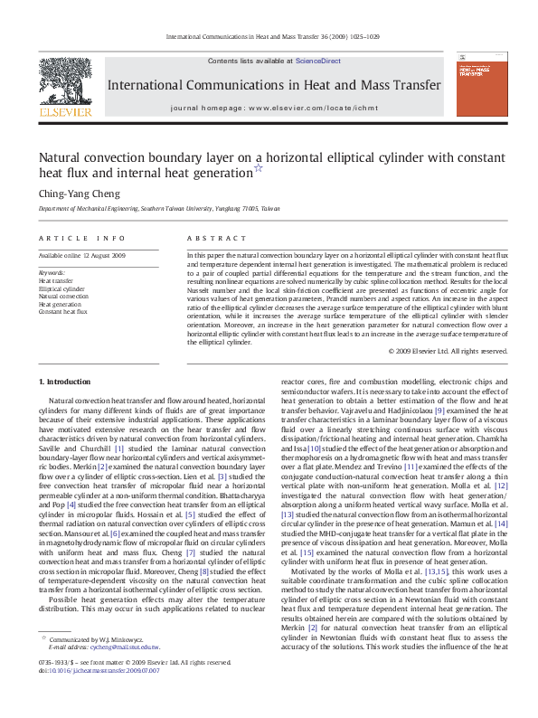 (PDF) Natural convection boundary layer on a horizontal elliptical cylinder with constant heat