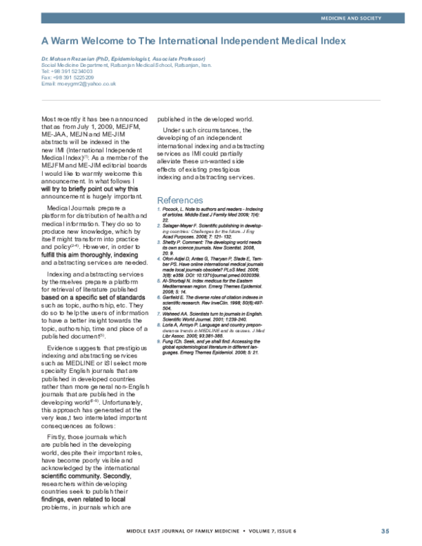 (PDF) A Warm Welcome to The International Independent Medical Index