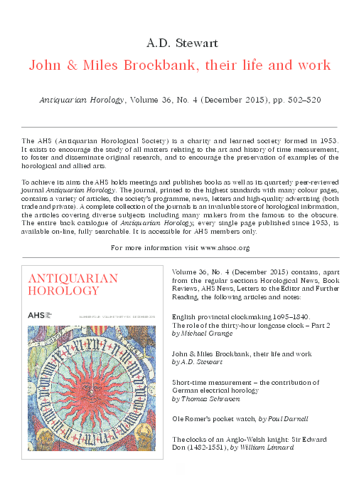 John & Miles Brockbank, their Life and Work. Antiquarian Horology, vol. 36 (December 2015), 502-520.