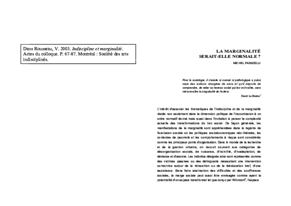 La Marginalite Serait Elle Normale Michel Parazelli Academia Edu