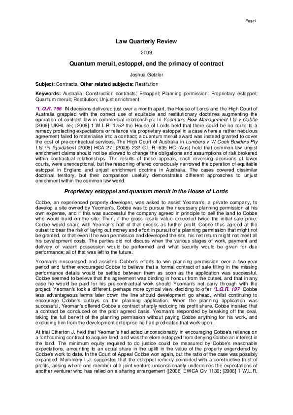 Pdf Quantum Meruit Estoppel And Primacy Of Contract 2009 Joshua Getzler Academia Edu Pdf Quantum Meruit Estoppel And Primacy Of Contract 2009 Joshua Getzler Academia Edu