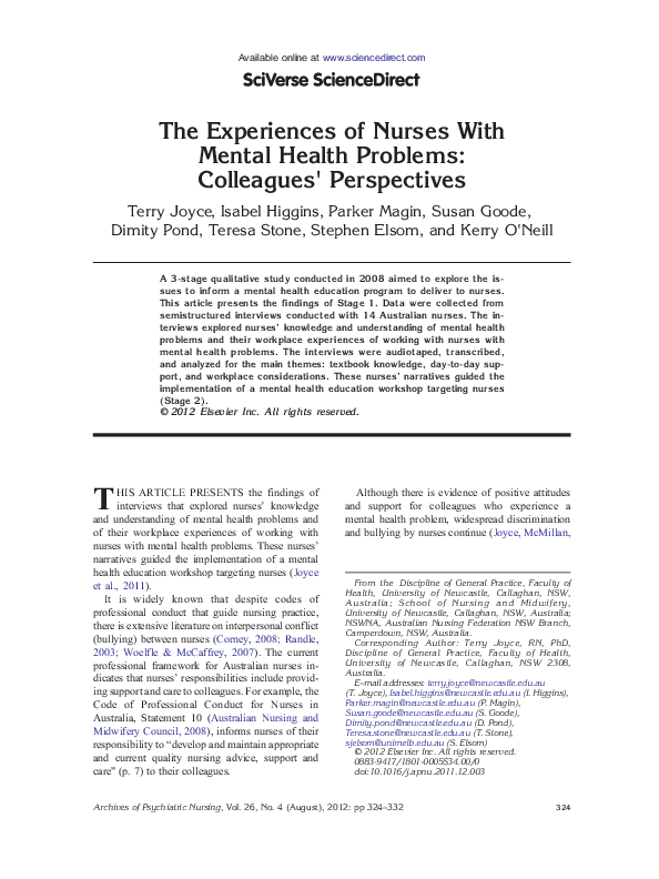 (PDF) The Experiences of Nurses With Mental Health Problems: Colleagues ...
