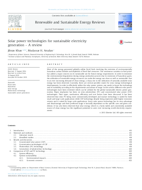 (PDF) Solar power technologies for sustainable electricity generation ...