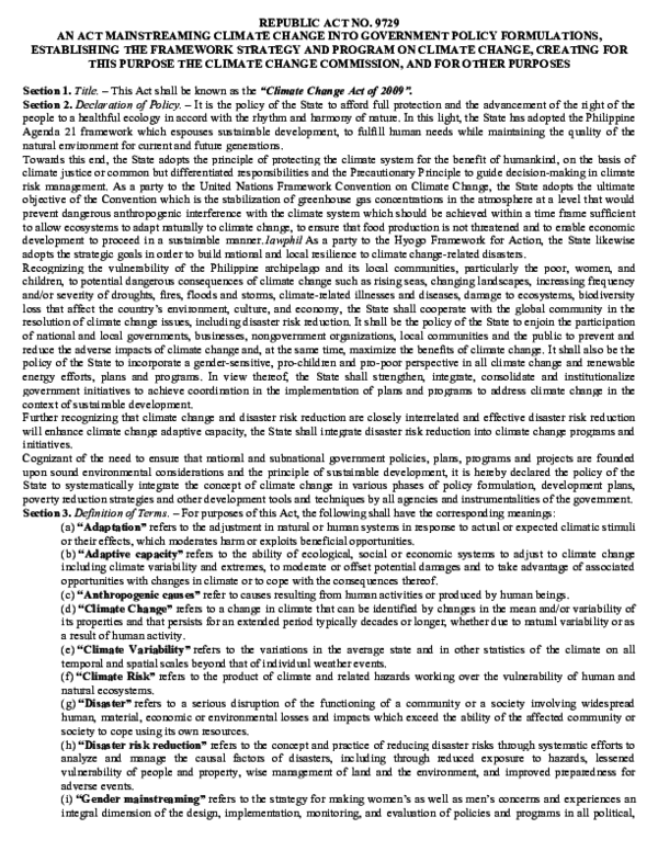 (PDF) Climate Change Law RA 9729