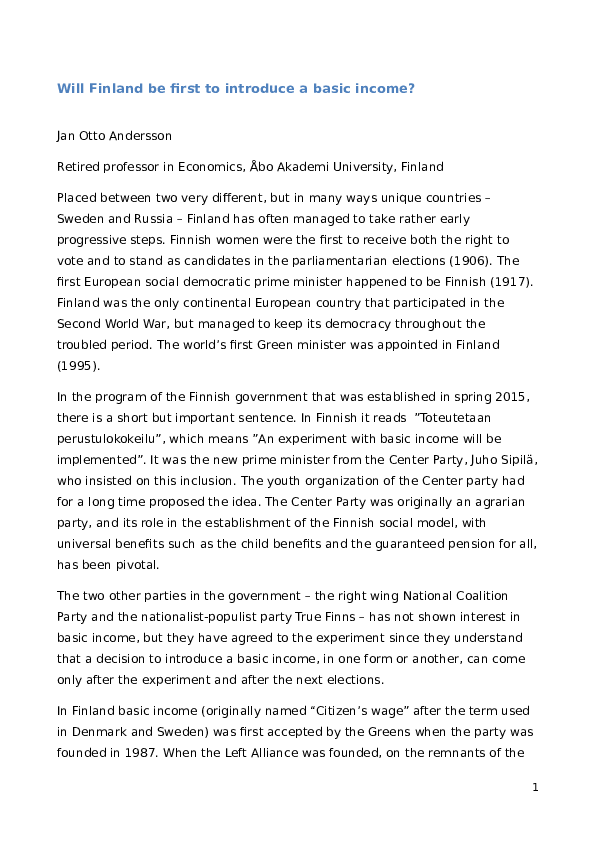 Doc Will Finland Be First To Introduce A Basic Income Jan Otto Andersson Academia Edu