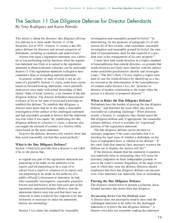 (PDF) The Section 11 Due Diligence Defense for Director Defendants