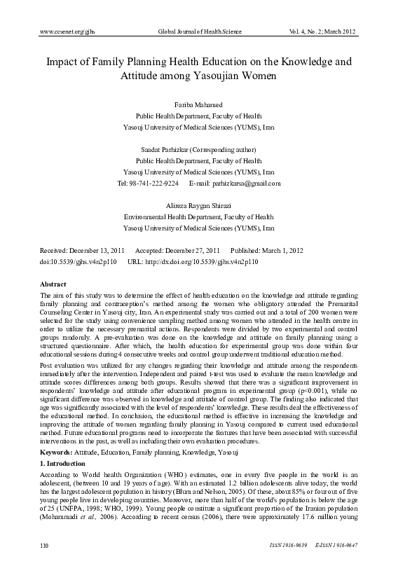(PDF) Impact of Family Planning Health Education on the Knowledge and
