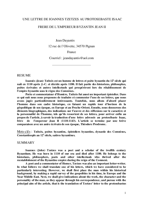 Une Lettre De Tzetzes Au Prosebaste Isaac Jean Dayantis