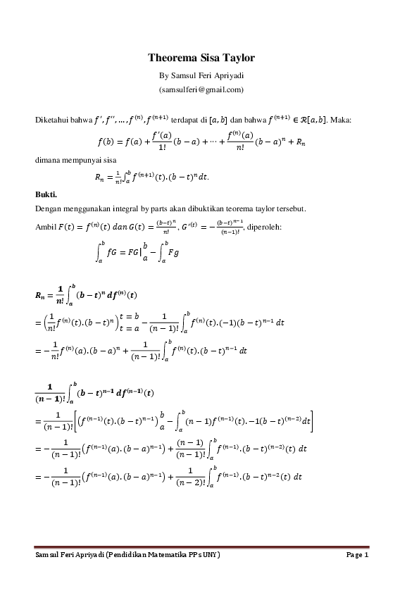 Pdf Pembuktian Teorema Taylor Samsulferi Apriyadi Academia Edu