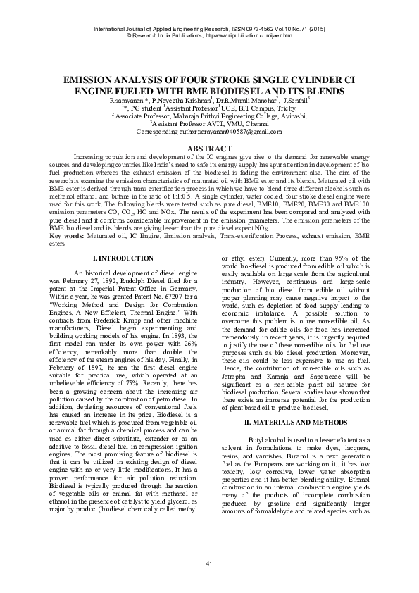 (PDF) EMISSION ANALYSIS OF FOUR STROKE SINGLE CYLINDER CI ENGINE FUELED ...