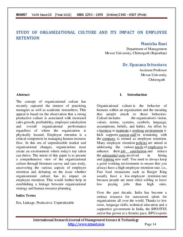 (PDF) STUDY OF ORGANIZATIONAL CULTURE AND ITS IMPACT ON EMPLOYEE RETENTION