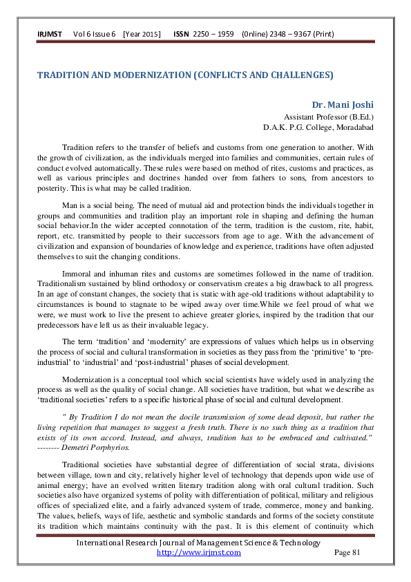 PDF) TRADITION AND MODERNIZATION (CONFLICTS AND CHALLENGES