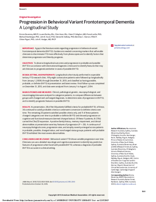 (PDF) Progression in Behavioral Variant Frontotemporal Dementia: A ...