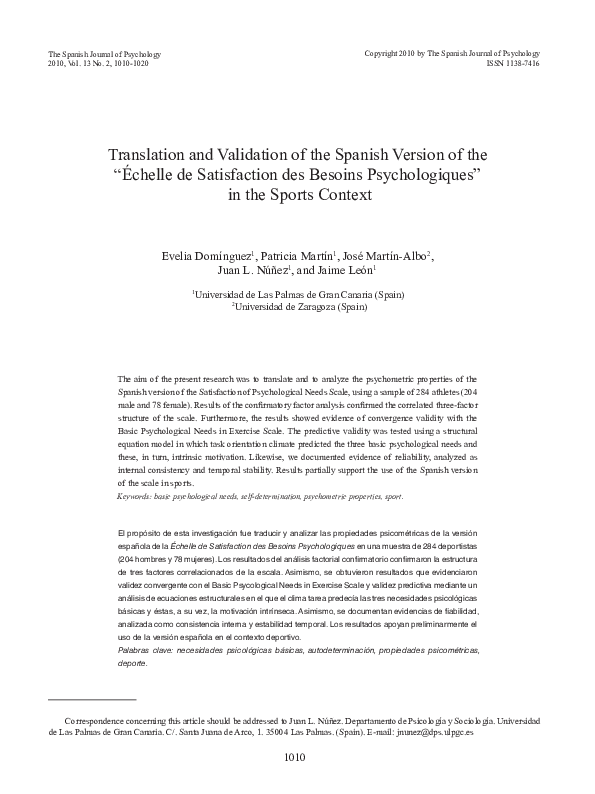 Translation and validation of the Spanish version of the "Echelle de ...