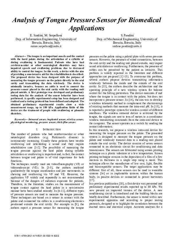 (PDF) Analysis of tongue pressure sensor for biomedical applications