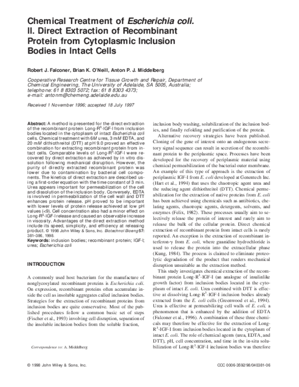 (PDF) Chemical treatment of Escherichia coli 2. Direct extraction of
