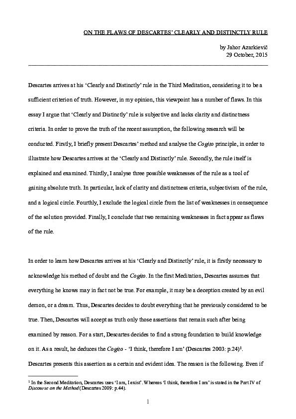 Pdf On The Flaws Of Descartes Clearly And Distinctly Rule Yahor Azarkevich Academia Edu