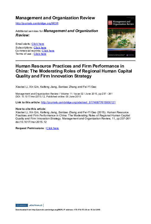 (PDF) Human Resource Practices and Firm Performance in China: The ...
