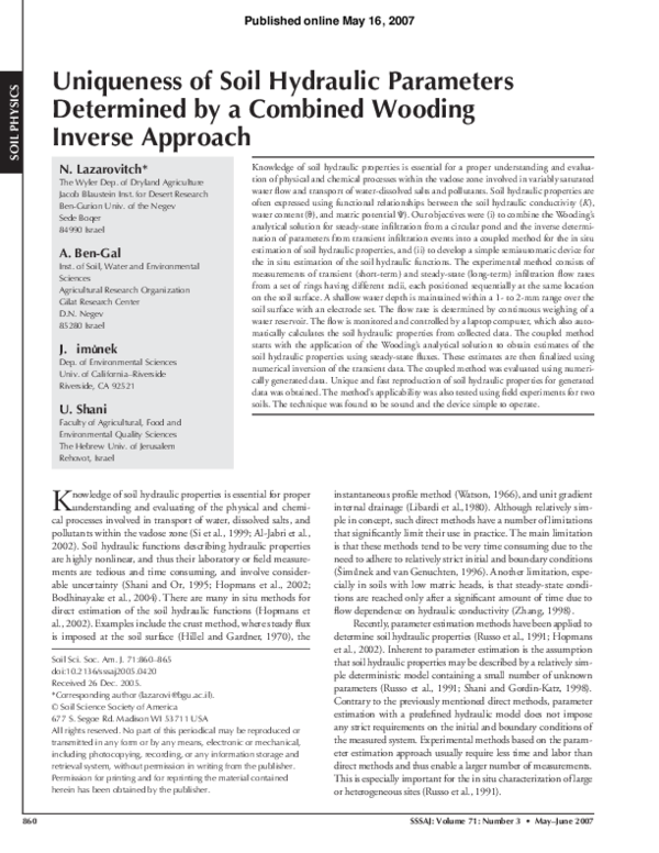 (PDF) Uniqueness of soil hydraulic parameters determined by a combined ...