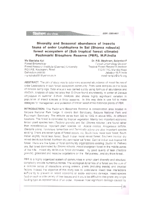(PDF) Diversity and Seasonal abundance of insects fauna of order ...