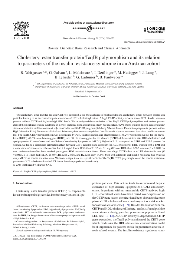 (PDF) Cholesteryl ester transfer protein TaqIB polymorphism and its ...