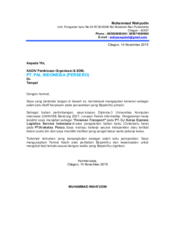 (DOC) contoh surat lamaran dan CV | Fidya Aydif - Academia.edu