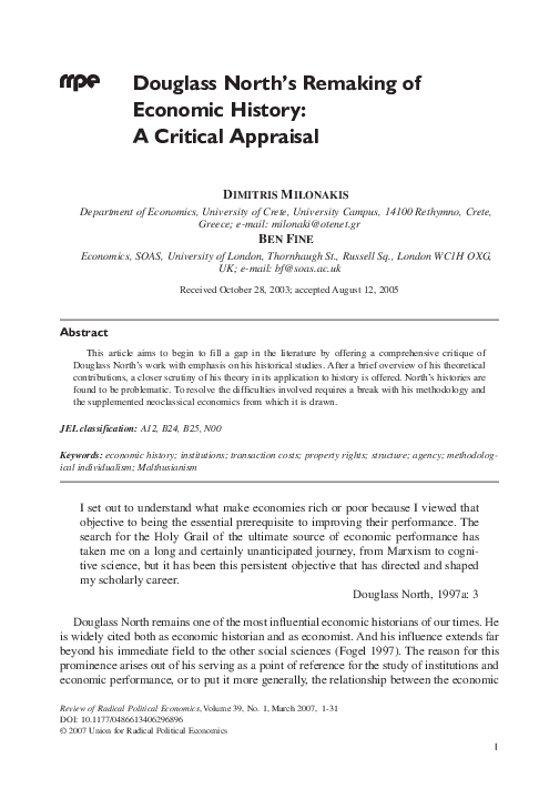 (PDF) Douglass North’s Remaking of Economic History: A Critical Appraisal