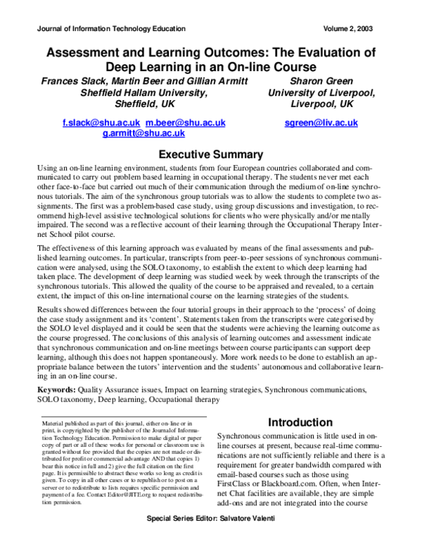 (PDF) Assessment and Learning Outcomes: The Evaluation of Deep Learning ...