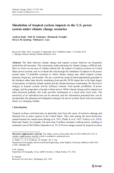 (PDF) Simulation of tropical cyclone impacts to the U.S. power system ...