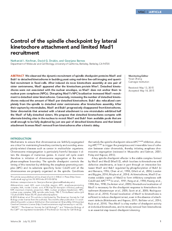 (PDF) Control of the spindle checkpoint by lateral kinetochore ...