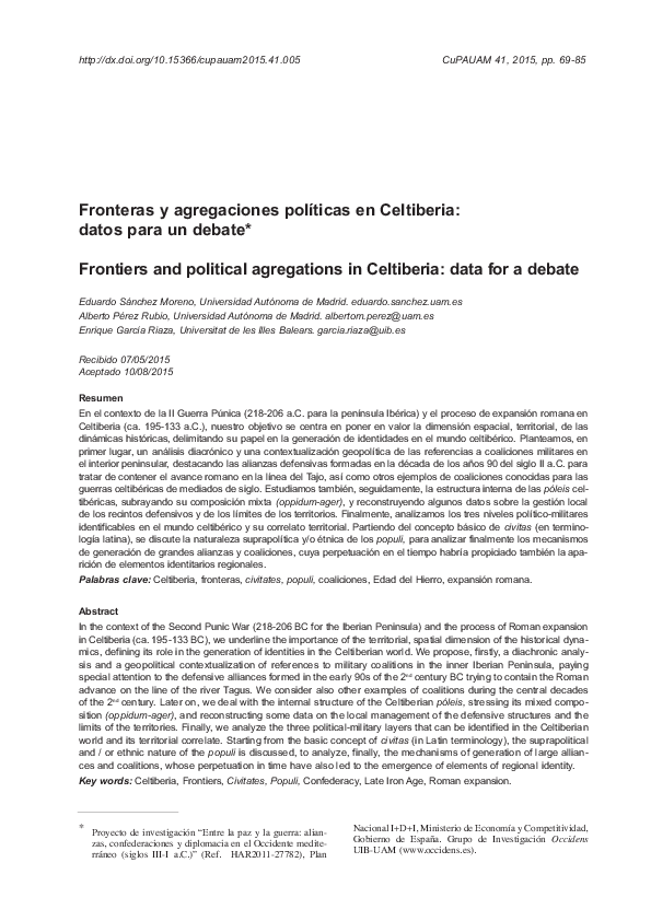 SÁNCHEZ MORENO, E.; PÉREZ RUBIO, A.; GARCÍA RIAZA, E., "Fronteras y agregaciones políticas en Celtiberia: datos para un debate", CuPAUAM 41, 2015, pp. 69-85