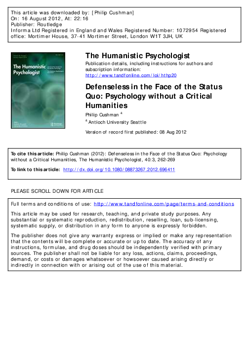 (PDF) Defenseless in the Face of the Status Quo Psychology Without a