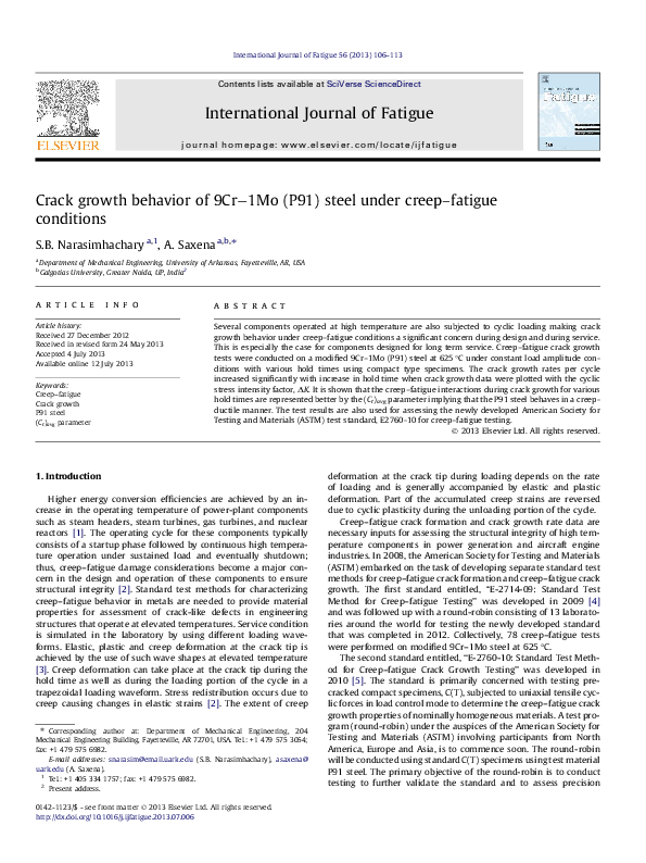 (PDF) Crack growth behavior of 9Crâˆ’1Mo (P91) steel under creepâ ...