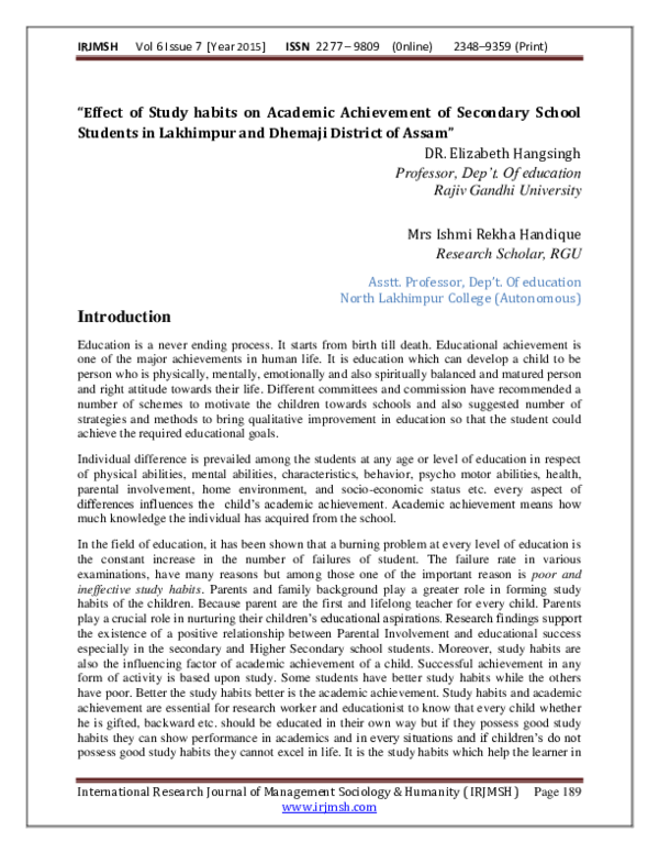 (PDF) Effect of Study habits on Academic Achievement of Secondary ...