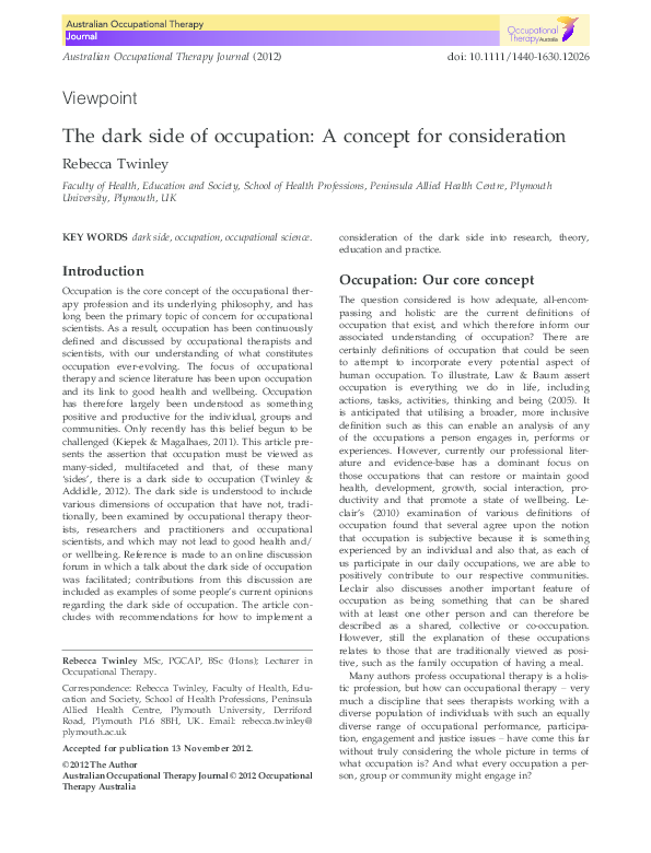 (PDF) The dark side of occupation: A concept for consideration