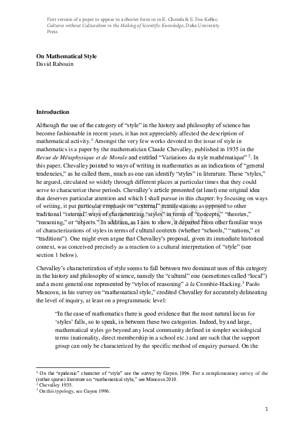(PDF) On Mathematical Style
