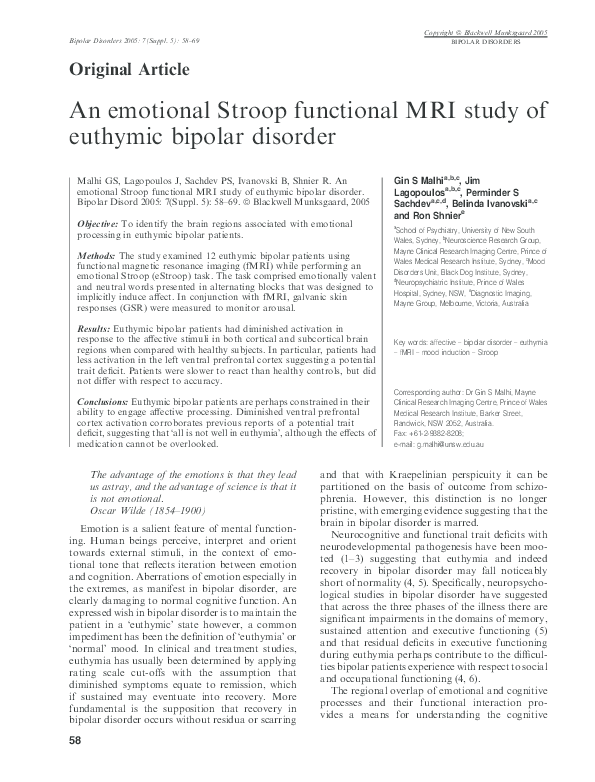 (PDF) An emotional Stroop functional MRI study of euthymic bipolar disorder
