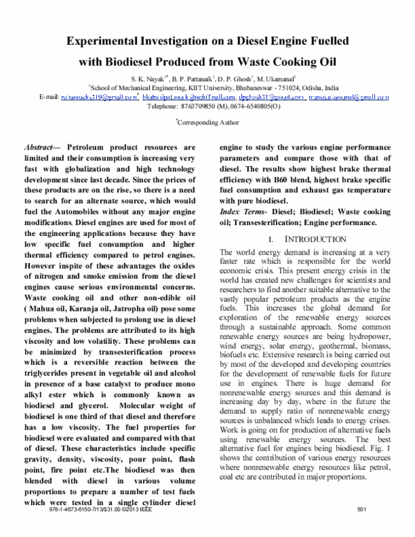 (PDF) Experimental Investigation on a Diesel Engine Fuelled with ...
