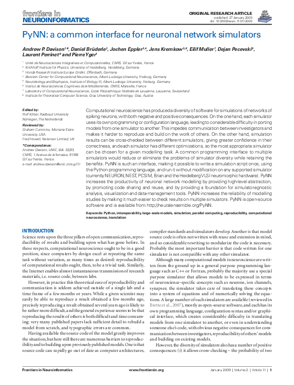 (PDF) PyNN: a common interface for neuronal network simulators
