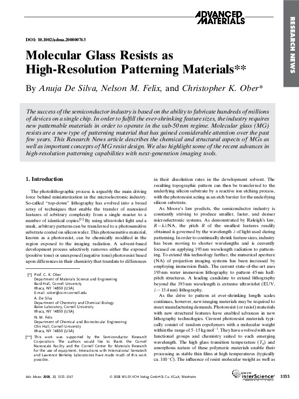  PDF Molecular Glass Resists As High Resolution Patterning Materials Christopher K Ober 