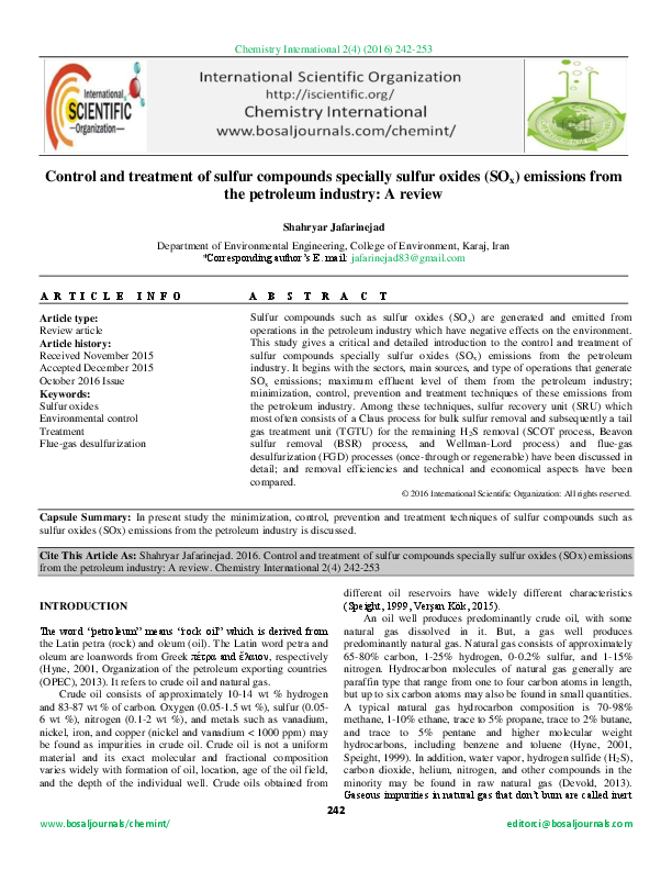 (PDF) Control and treatment of sulfur compounds specially sulfur oxides (SOx) emissions from the