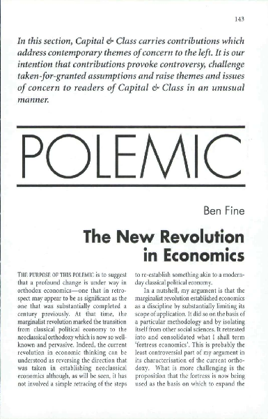 “The New Revolution in Economics”, Capital and Class, no 61, Spring, 1997, pp. 143-48.