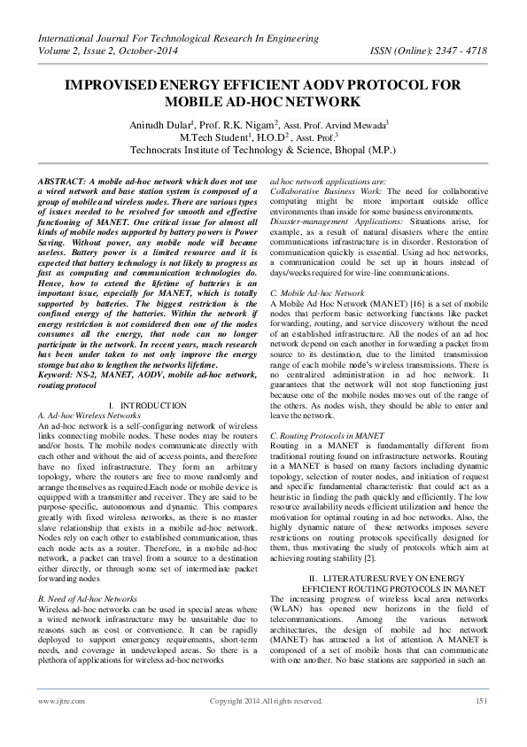 (PDF) IMPROVISED ENERGY EFFICIENT AODV PROTOCOL FOR MOBILE AD-HOC NETWORK