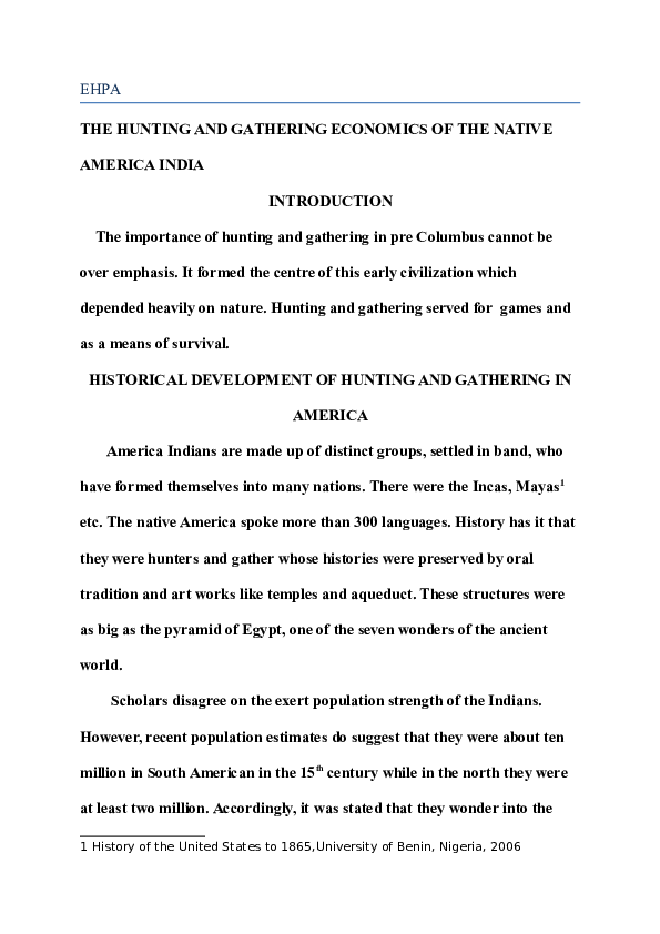 (DOC) THE HUNTING AND GATHERING ECONOMICS OF THE NATIVE AMERICA INDIA