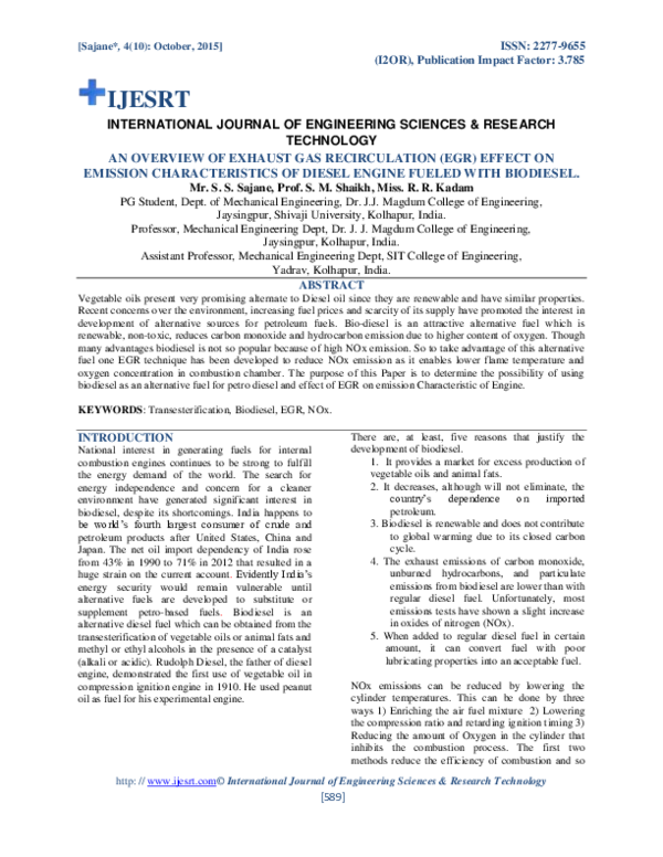 (PDF) Exhaust Gas recirculation Effect on Emission characteristics of Diesel engine fueled with
