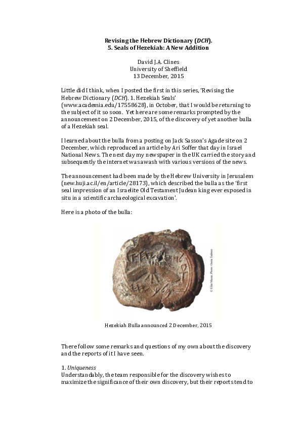(PDF) Revising the Hebrew Dictionary (DCH). 5. Seals of Hezekiah: A New ...