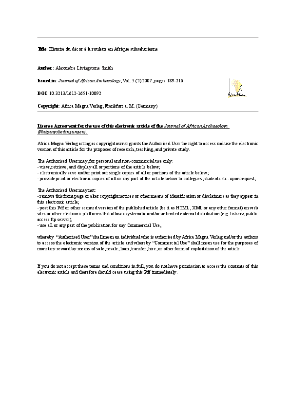 Pdf Histoire Du Decor A La Roulette En Afrique Subsaharienne Alexandre Livingstone Smith Academia Edu
