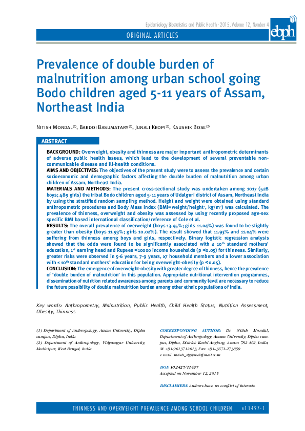 (PDF) Prevalence of double burden of malnutrition among urban school ...