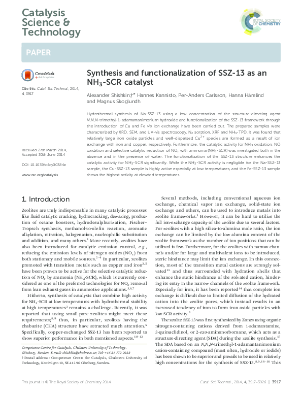 (PDF) Synthesis and functionalization of SSZ-13 as an NH3-SCR catalyst