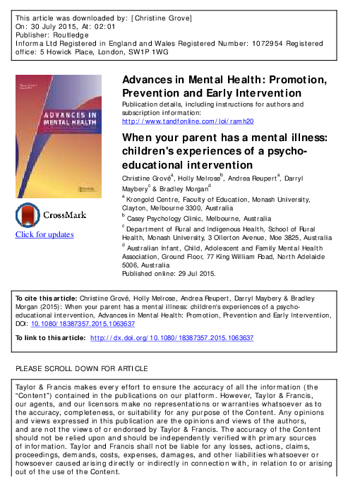 (PDF) When your parent has a mental illness: children's experiences of ...